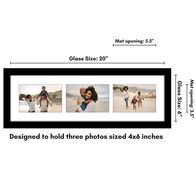 Americanflat 4x6 Collage Picture Frame with Shatter-Resistant Glass - Fits Three 4x6 Photos or Use as One 6x20 Frame - Signature Collection - Collage Frames for Tabletop and Wall Display - Black - Image 2