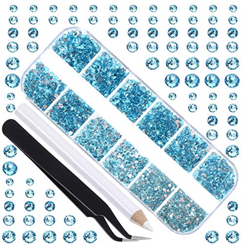LPBeads 3456 Pieces 6 Sizes Aquamarine Flat Back Round Crystal Rhinestones for Crafts Nails Art Face Makeup Clothes DIY with Pick Up Tweezers and Picking Pen - Image 1