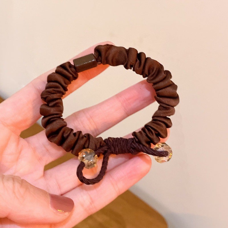 Generic New Handmade Knot Hair Ring Elegant Crystal Pony Tail Hair Rope Girls Cloth Ring Hair Rope Milk Tea Color Rubber Band Hair Accessories Dark Curry