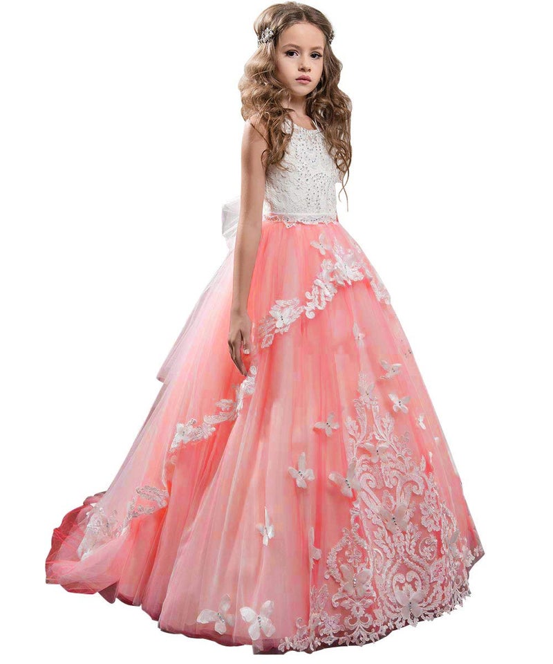 Flower Girl Dress Kids Lace Beaded Pageant Ball Gowns Size 2 B Coral Pink