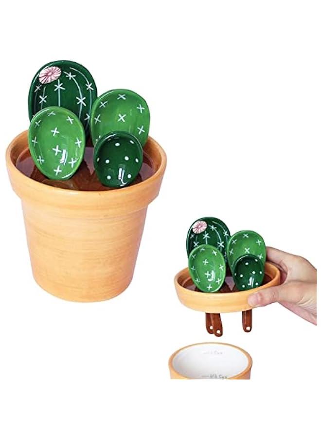 4 Cactus Measuring Spoons And Cups Set,Porcelain Measuring Spoons With Base,Cute Cactus Shape,Cactus Measuring Spoons Set In Pot Ceramic Kitchen Measuring Cups And Spoons Set For Baking Salt Sugar  - Image 1
