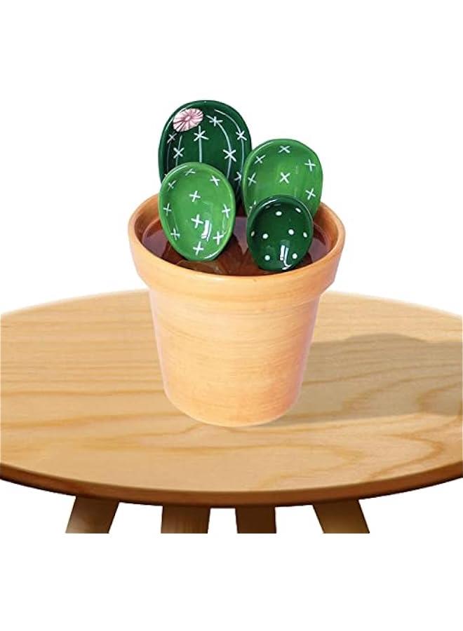 4 Cactus Measuring Spoons And Cups Set,Porcelain Measuring Spoons With Base,Cute Cactus Shape,Cactus Measuring Spoons Set In Pot Ceramic Kitchen Measuring Cups And Spoons Set For Baking Salt Sugar  - Image 2