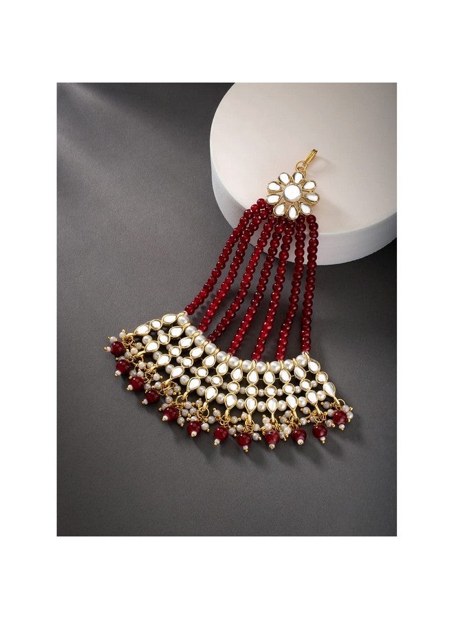 Peora Gold-Plated & Maroon Kundan Pearl Studded & Beaded Jhumar Passa Jewellery For Women Girls - Image 4
