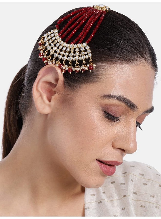 Peora Gold-Plated & Maroon Kundan Pearl Studded & Beaded Jhumar Passa Jewellery For Women Girls - Image 3