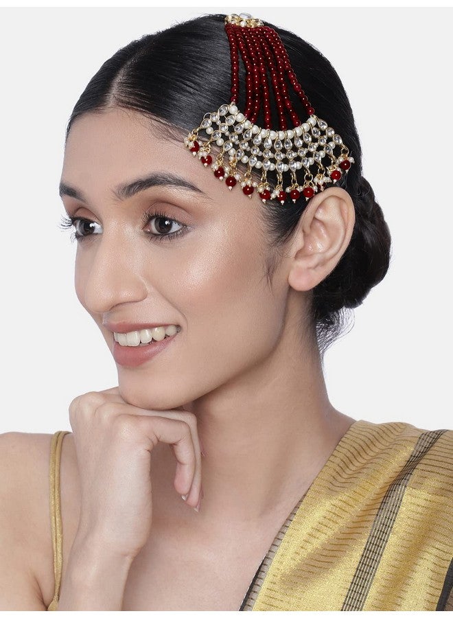 Peora Gold-Plated & Maroon Kundan Pearl Studded & Beaded Jhumar Passa Jewellery For Women Girls - Image 2
