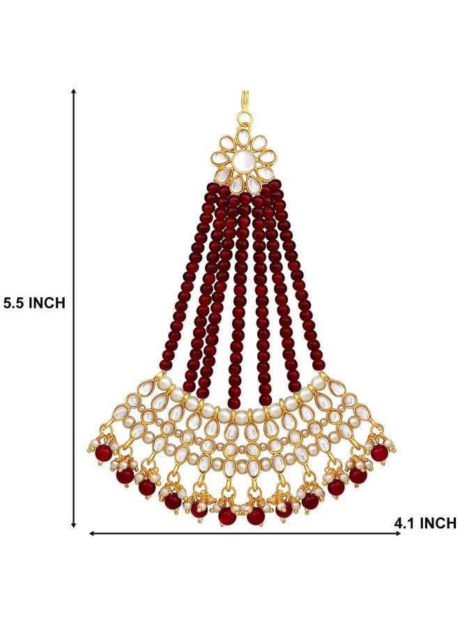 Peora Gold-Plated & Maroon Kundan Pearl Studded & Beaded Jhumar Passa Jewellery For Women Girls - Image 5