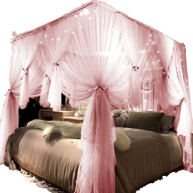 Joyreap 4 Corners Post Pink Canopy Bed Curtain for Girls & Adults - King Size Royal Luxurious Cozy Drape Netting- Cute Princess Bedroom Decoration Accessories - Image 4