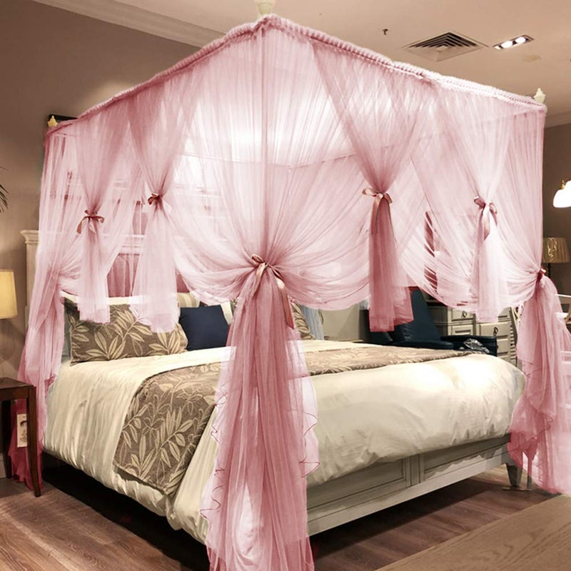 Joyreap 4 Corners Post Pink Canopy Bed Curtain for Girls & Adults - King Size Royal Luxurious Cozy Drape Netting- Cute Princess Bedroom Decoration Accessories - Image 1