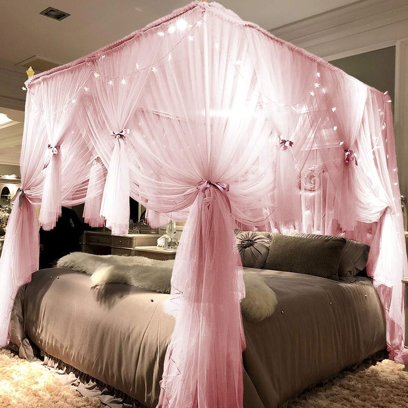 Joyreap 4 Corners Post Pink Canopy Bed Curtain for Girls & Adults - King Size Royal Luxurious Cozy Drape Netting- Cute Princess Bedroom Decoration Accessories - Image 2
