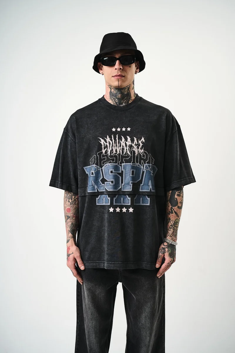 ريسباير تيشيرت رجالي واسع مطبوع باللون الأسود