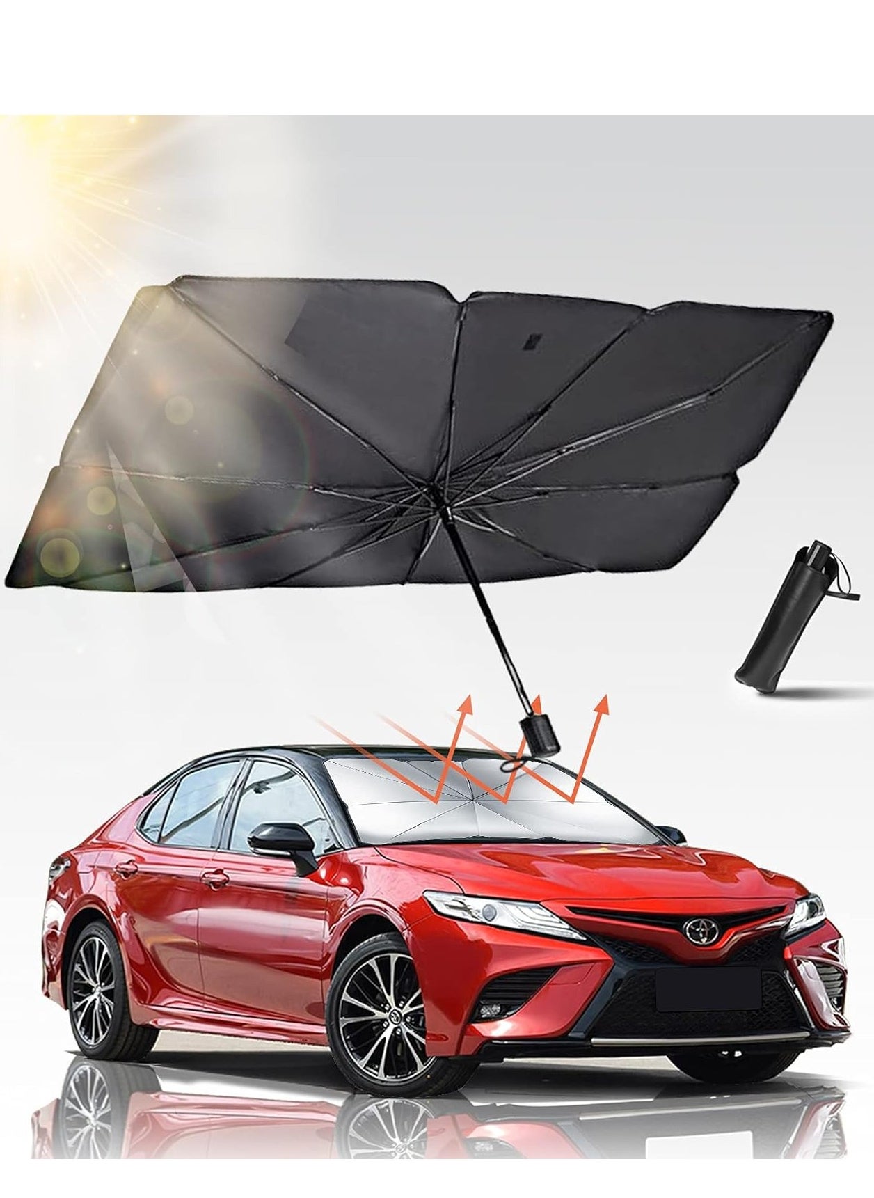 HERIOS Foldable Windshield Sun Shade Umbrella for Car, UV Rays Heat Sun Visor, Interior Protection 