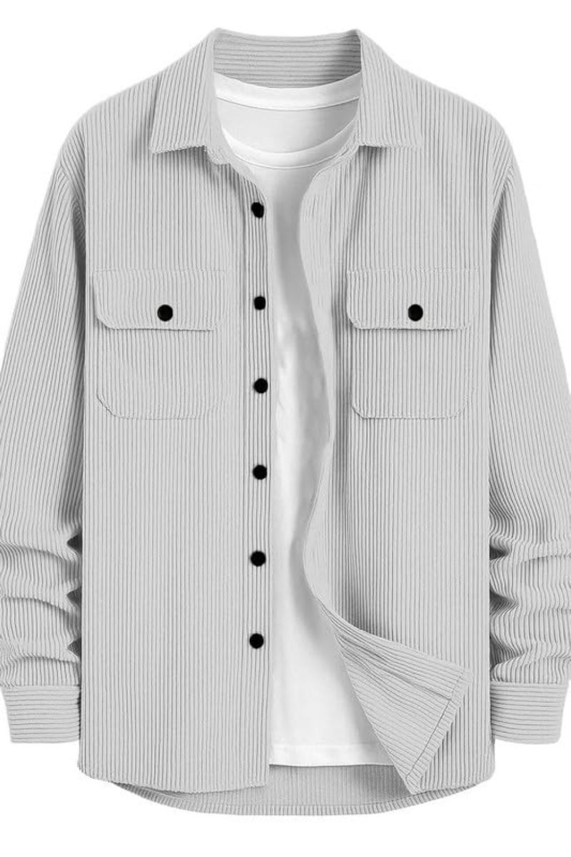 DEELMO Men’s Full Sleeve Corduroy Shirt | Stylish Textured Casual Button-Down Shacket for Autumn Winter | Dual Pocket Front Design | Ideal for Layering and Daily Outfits - Image 1