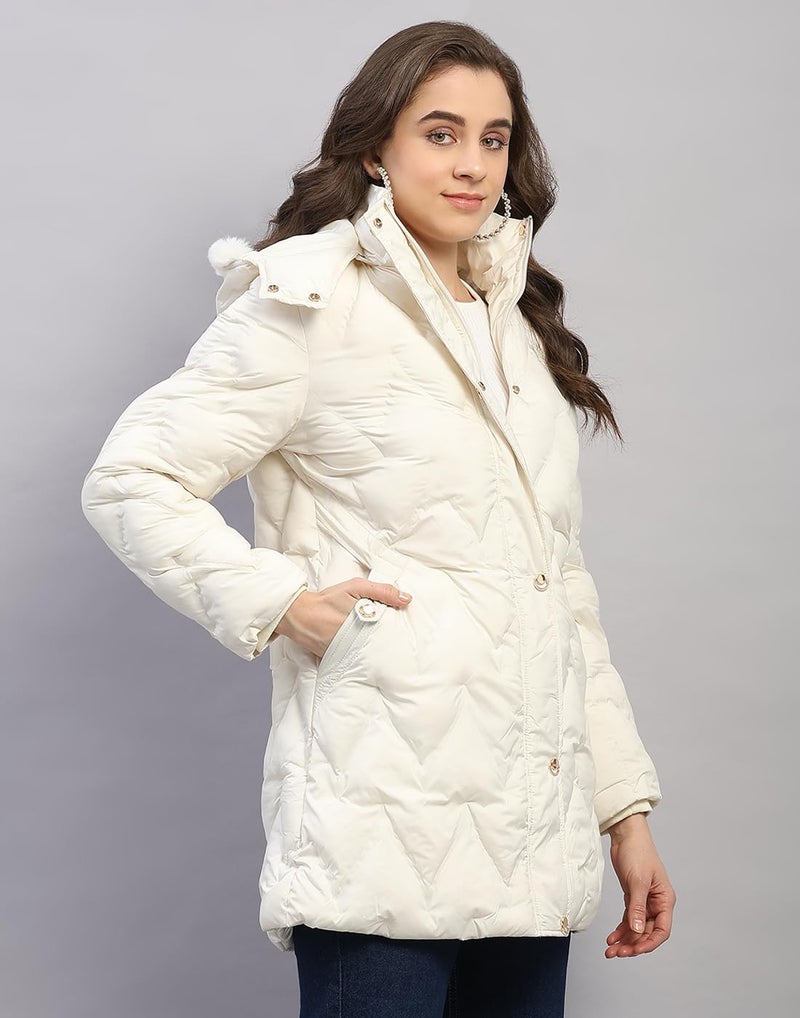 Monte Carlo Womens Regular Fit Solid Hooded Zipper Full Sleeve Winter Jacket Women Winter Jacket | Stylish Zipper Jacket | Casual Winter Wear For Women's Off White L(Pack 1) - Image 3