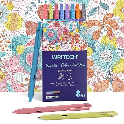 WRITECH Gel Pens Fine Point: Retractable Pen 8ct Vintage Ink Colors 0.5mm Multi Colored for Smooth Writing Journaling Assorted Coloring Note Taking No Bleed & Smear & Smudge (Vacation Set) - Image 1
