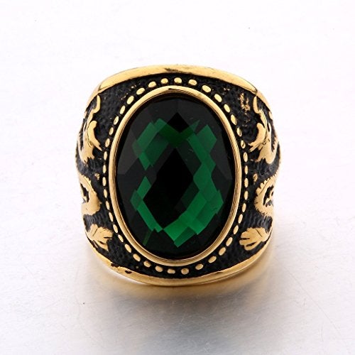 MASOP Stainless Steel Vintage Antique Gemstone Green Emerald Color Stone Ring for Men and Women Size 10 - Image 4