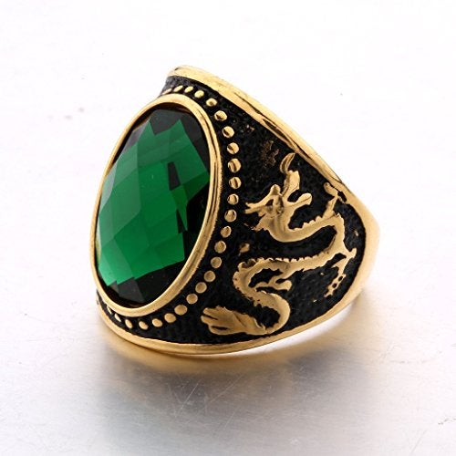 MASOP Stainless Steel Vintage Antique Gemstone Green Emerald Color Stone Ring for Men and Women Size 10 - Image 2