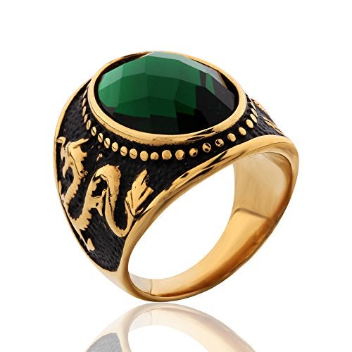 MASOP Stainless Steel Vintage Antique Gemstone Green Emerald Color Stone Ring for Men and Women Size 10 - Image 1