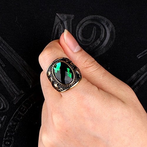 MASOP Stainless Steel Vintage Antique Gemstone Green Emerald Color Stone Ring for Men and Women Size 10 - Image 3