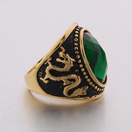 MASOP Stainless Steel Vintage Antique Gemstone Green Emerald Color Stone Ring for Men and Women Size 10 - Image 5