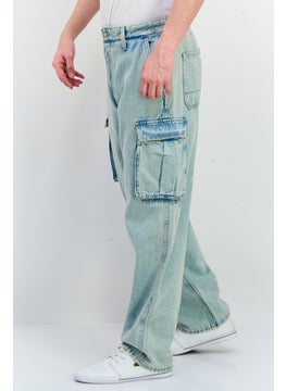 Jack Jones Men Baggy Fit Washed Denim Cargo Jeans, Washed Blue  - Image 2
