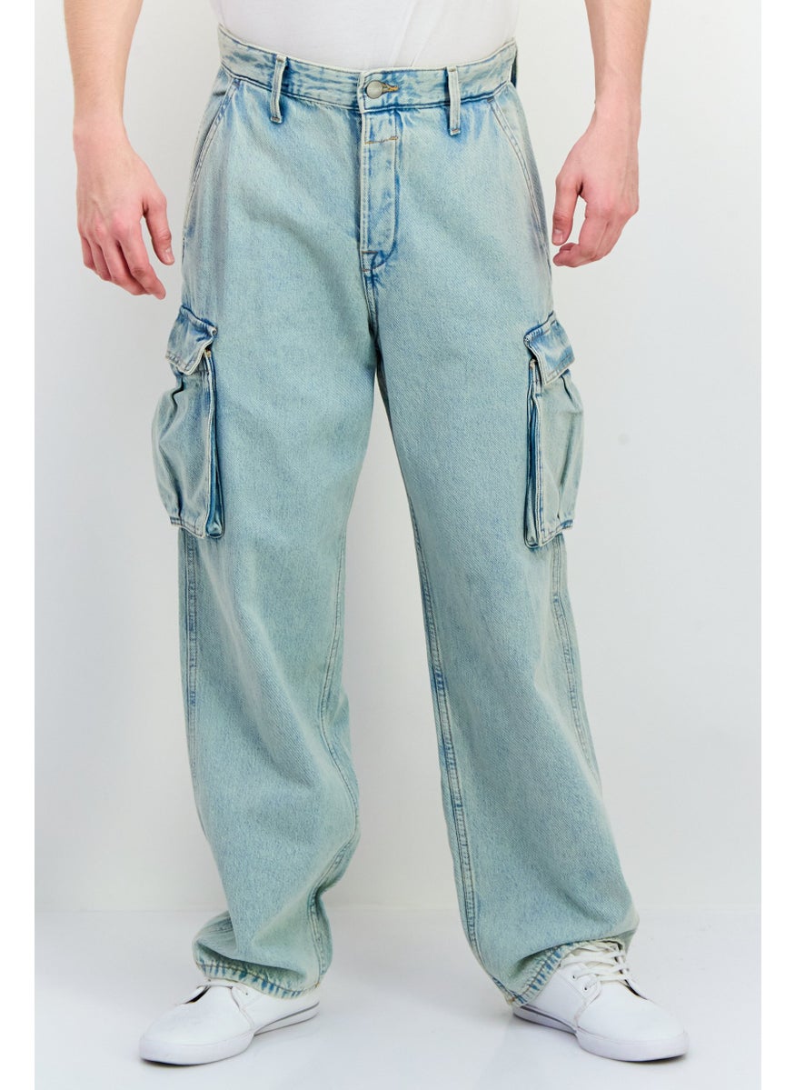 Jack Jones Men Baggy Fit Washed Denim Cargo Jeans, Washed Blue  - Image 1