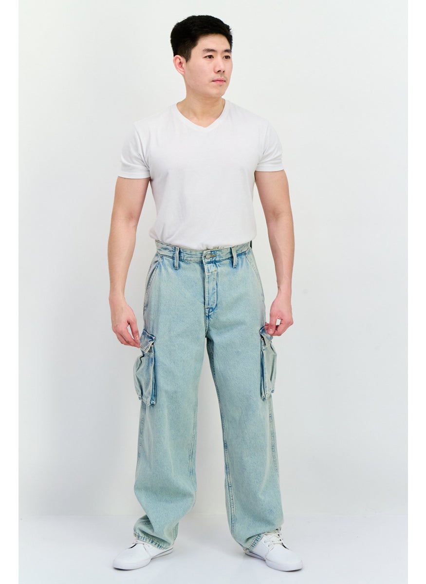 Jack Jones Men Baggy Fit Washed Denim Cargo Jeans, Washed Blue  - Image 4