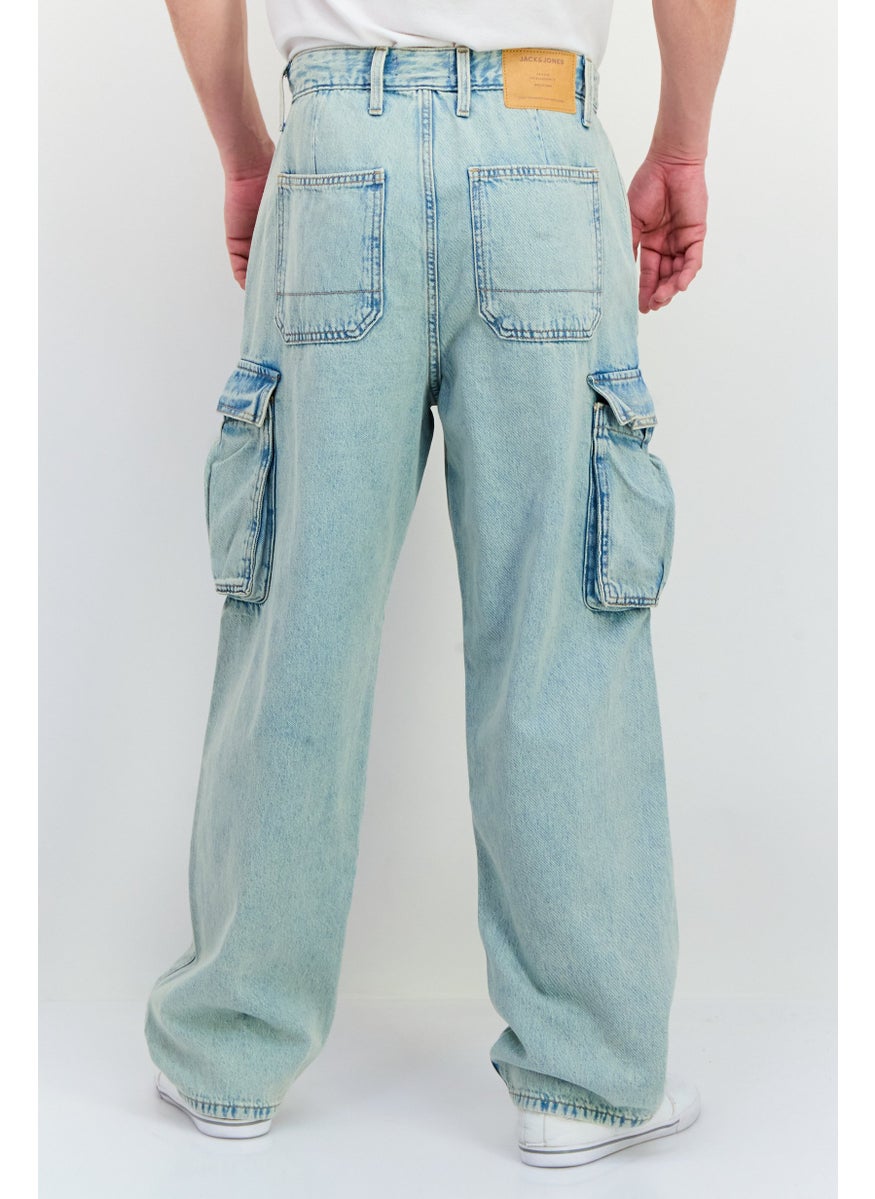 Jack Jones Men Baggy Fit Washed Denim Cargo Jeans, Washed Blue  - Image 3