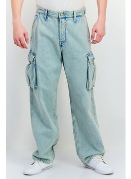 Jack Jones Men Baggy Fit Washed Denim Cargo Jeans, Washed Blue  - Image 1
