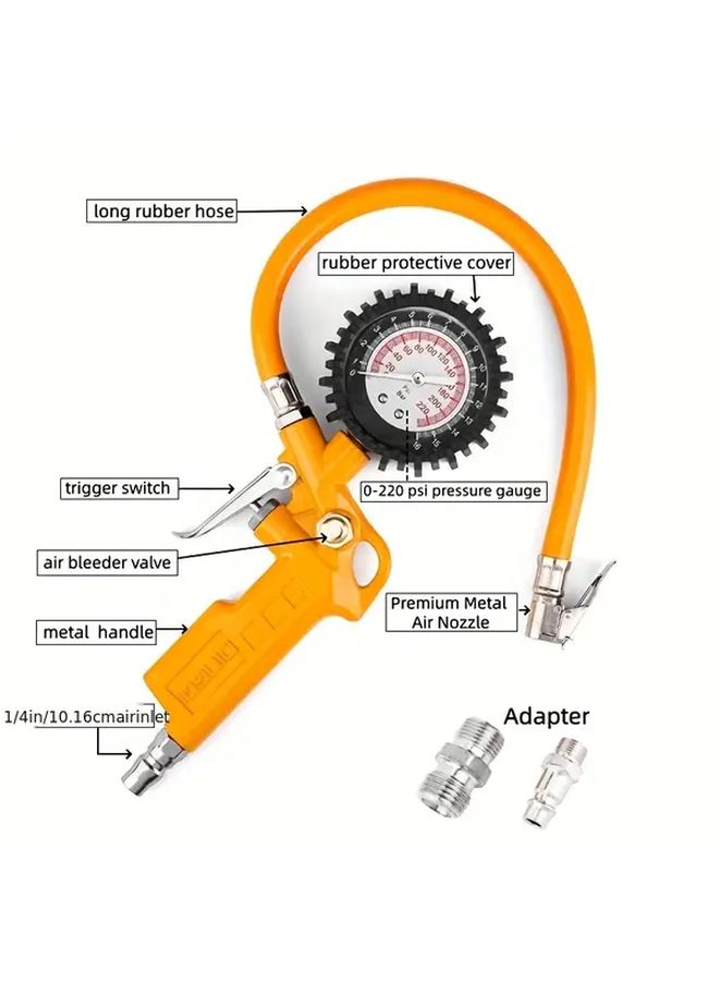 Heavy Duty Orange Tire Pressure Gauge Inflator Gun 0 220 PSI Quick Connect Chuck - Image 1