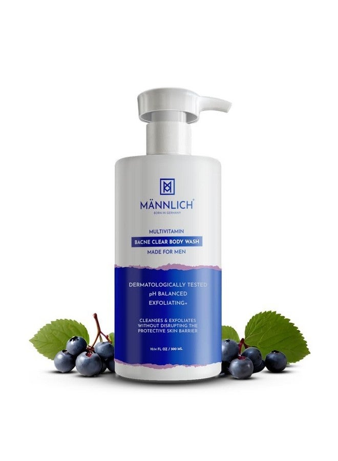 Mannlich غسول الجسم للرجال بحمض الساليسيليك 2% (300 مل) - جل استحمام لتنظيف حب الشباب في الجسم - 3% نياسيناميد يمنع حب الشباب في الجسم، يقشر ويغذي البشرة - مناسب لجميع أنواع البشرة - خالي من البارابين و SLS - Image 2