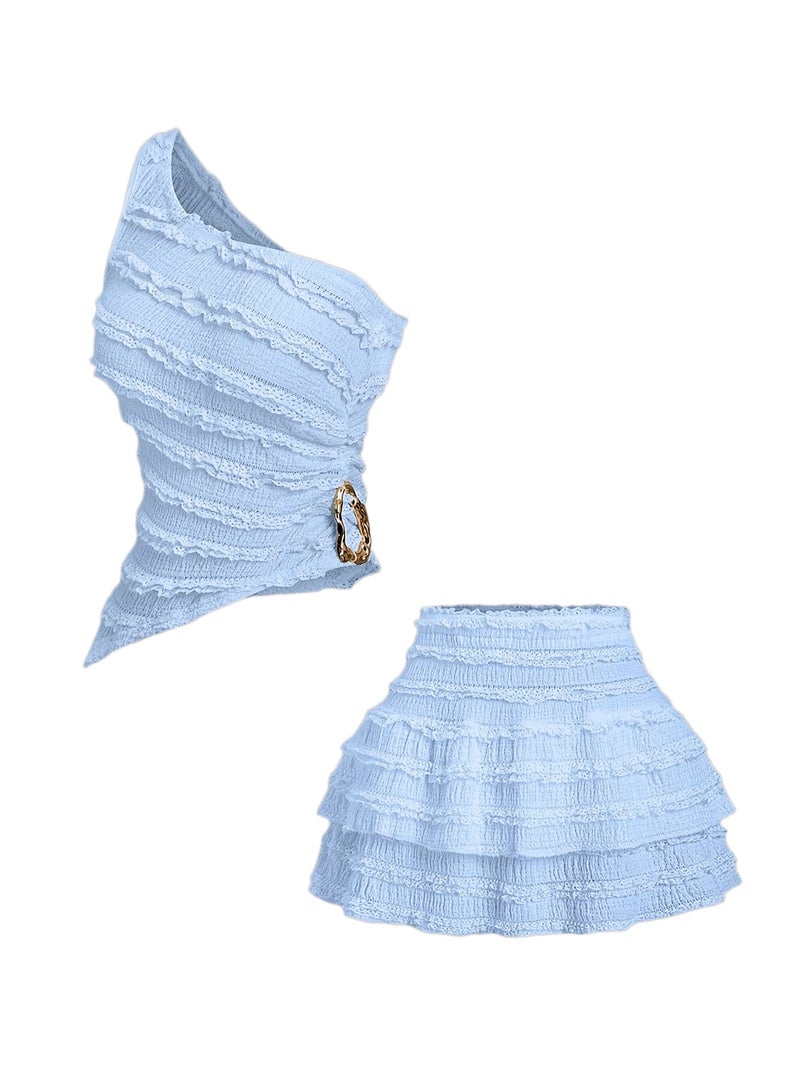Women's Sexy Asymmetrical Hem Short Top And Ruffled Mini Skirt Set - Image 1