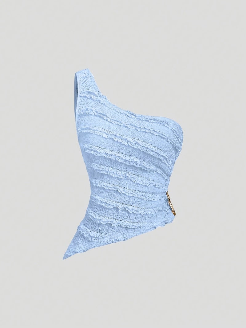 Women's Sexy Asymmetrical Hem Short Top And Ruffled Mini Skirt Set - Image 3