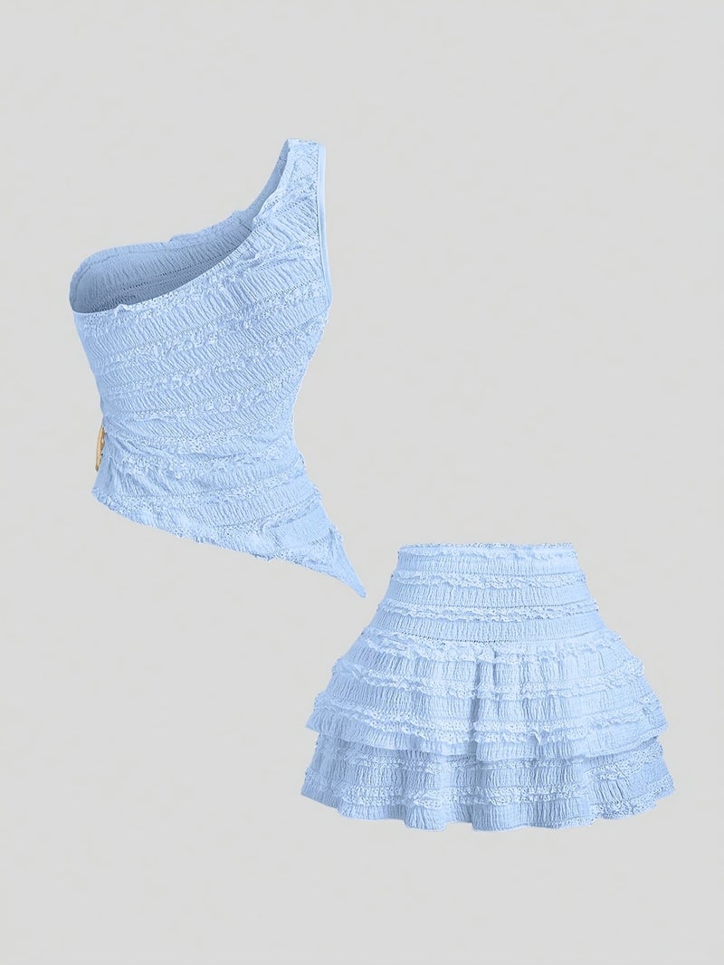 Women's Sexy Asymmetrical Hem Short Top And Ruffled Mini Skirt Set - Image 2