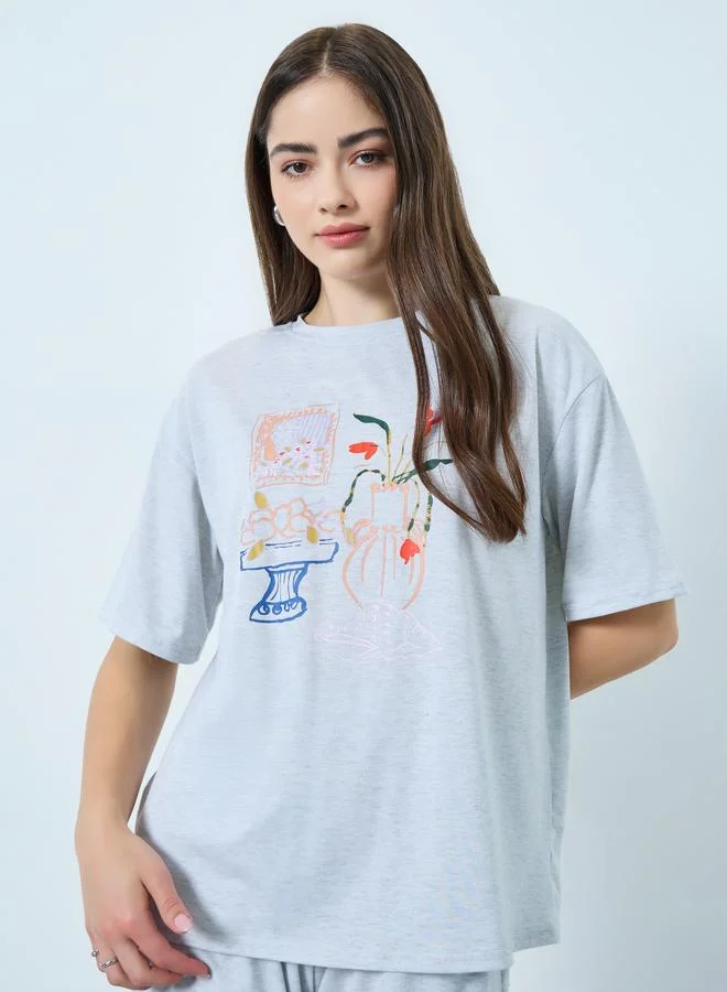 Styli Grey Printed T-Shirt and Wide Leg Joggers Co-Ords