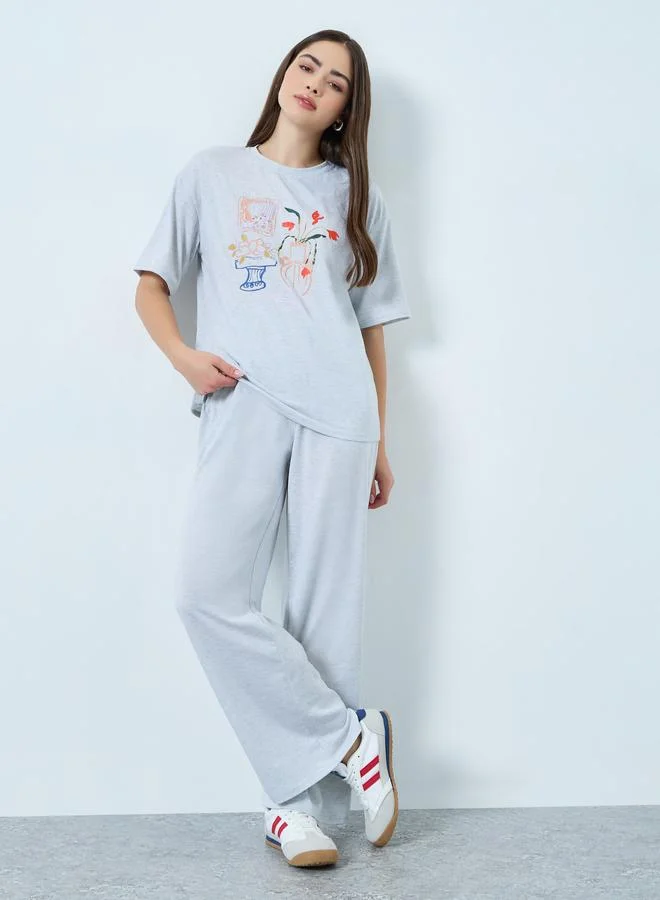 Styli Grey Printed T-Shirt and Wide Leg Joggers Co-Ords