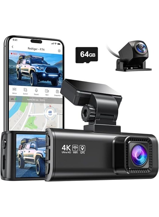 REDTIGER F7N 4K Dual Dash Cam with 64GB Card, WiFi GPS, 4K Front and Back 1080P, 170° Wide Angle Dash Camera for Cars, 3.18" Screen, Parking Monitor, Supports 256GB Max - Image 1