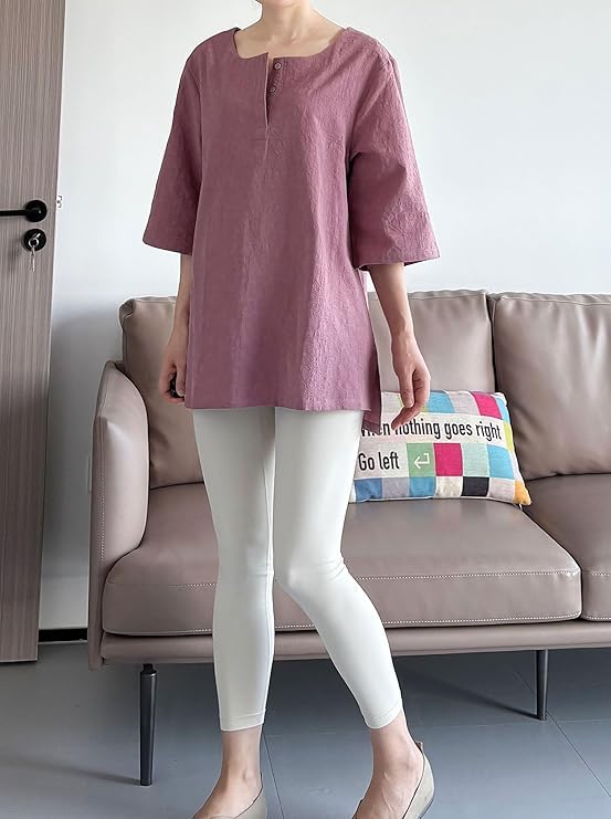 Minibee Women's 3/4 Sleeve Cotton Linen Jacquard Blouses Top T-Shirt (L, Pink) - Image 3
