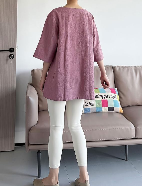Minibee Women's 3/4 Sleeve Cotton Linen Jacquard Blouses Top T-Shirt (L, Pink) - Image 4