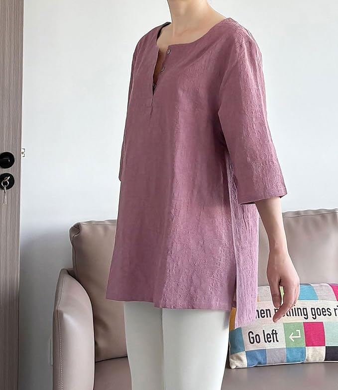 Minibee Women's 3/4 Sleeve Cotton Linen Jacquard Blouses Top T-Shirt (L, Pink) - Image 5