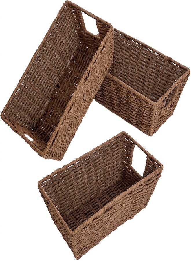 Homyfort Paper Rope Storage Baskets for Shelves Organizing, Small Hand Woven Wicker Organizer Basket with Handle for Bathroom Toilet Paper Storage, Brown, 3-Pack - Image 1