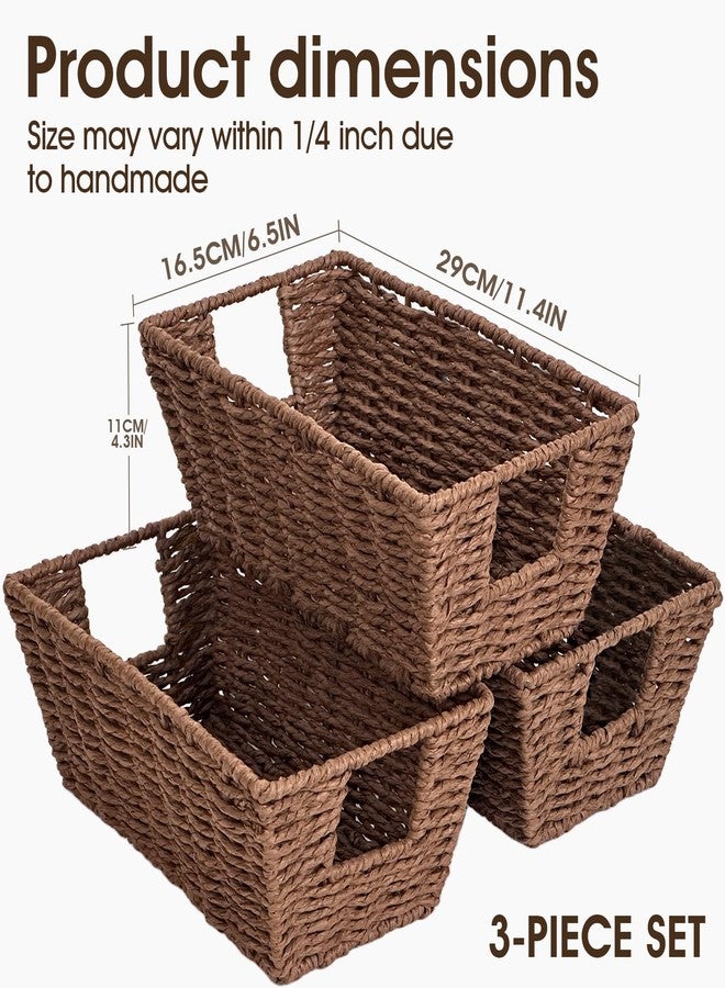Homyfort Paper Rope Storage Baskets for Shelves Organizing, Small Hand Woven Wicker Organizer Basket with Handle for Bathroom Toilet Paper Storage, Brown, 3-Pack - Image 5