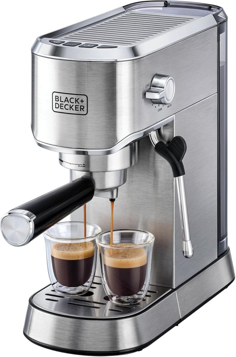 ماكينة قهوة إسبريسو يدوية من بلاك آند ديكر، مزودة بمضخة باريستا، كابتشينو، لاتيه ماكياتو، وخفاقة حليب، بقوة 1450 واط، لون فضي - ECM150-B5