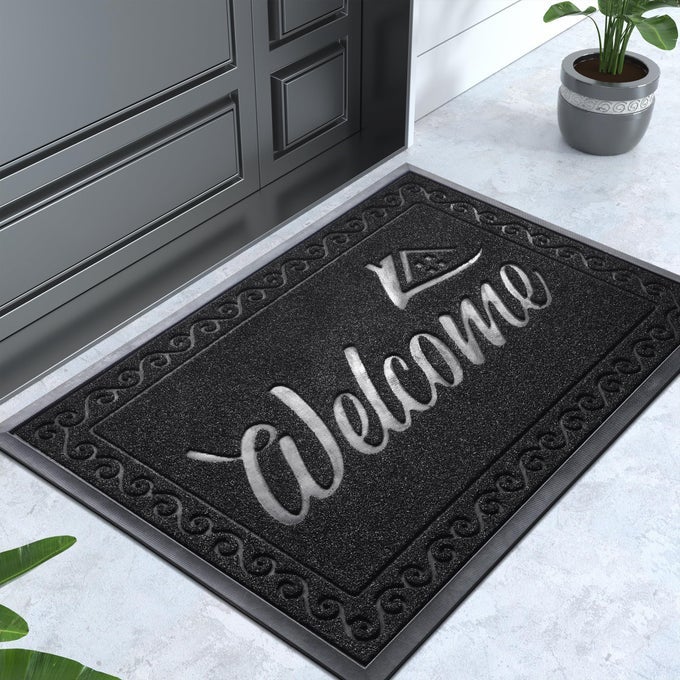 WELCOME FRONT DOOR MAT HEAVY DUTY EASY CLEAN DOORMAT INDOOR OUTDOOR WATERPROOF QUICK DRY FLOOR MAT FOR HOME GARAGE HIGN TRAFFIC AREAS NON SLIP LOW PROFILE 36X24 INCHES BLACK