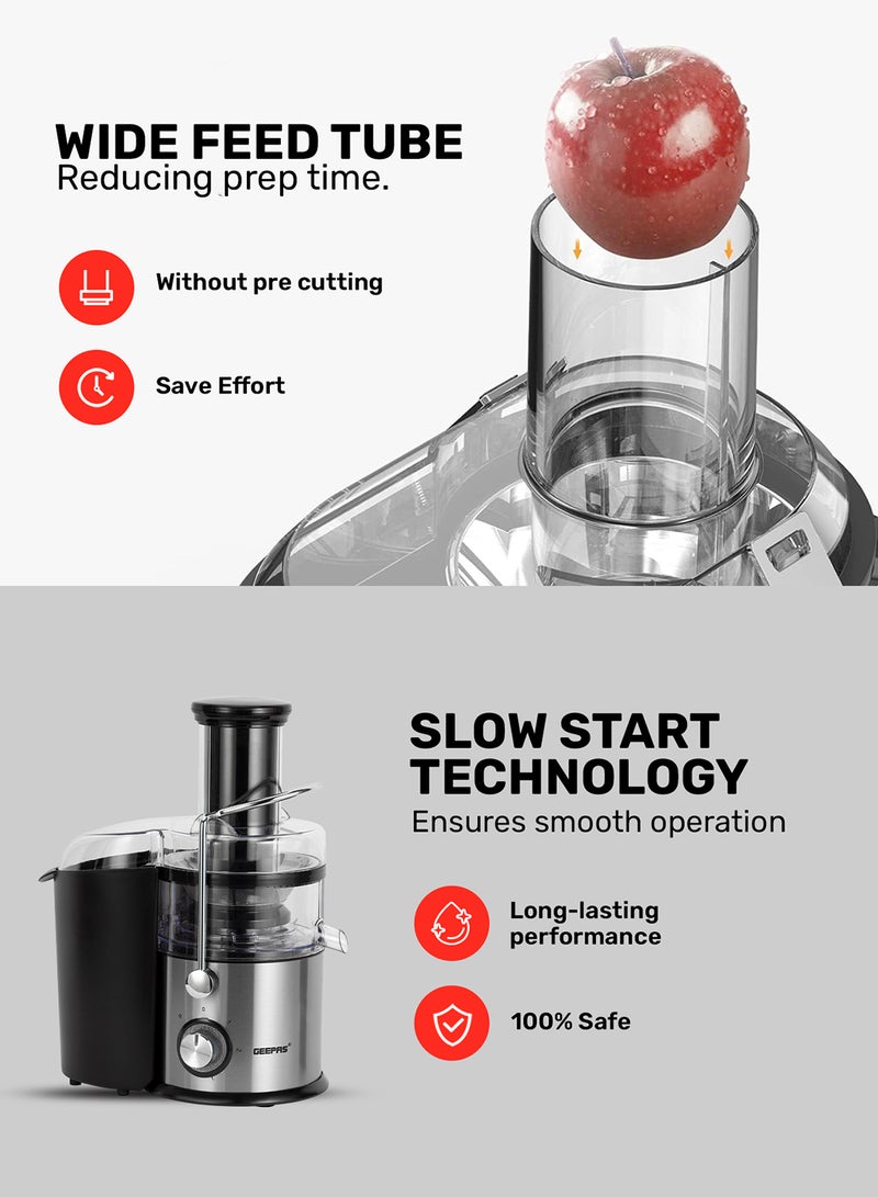 GEEPAS Centrifugal Juicer 2.2 L 800W |Pulp Container Machine Juice Extractor With 75MM Wide Mouth | 2 Speed, Stainless Steel Body, Non-Slip Feet 1.6 L 800 W GJE5437 Red/Black/Clear - Image 4