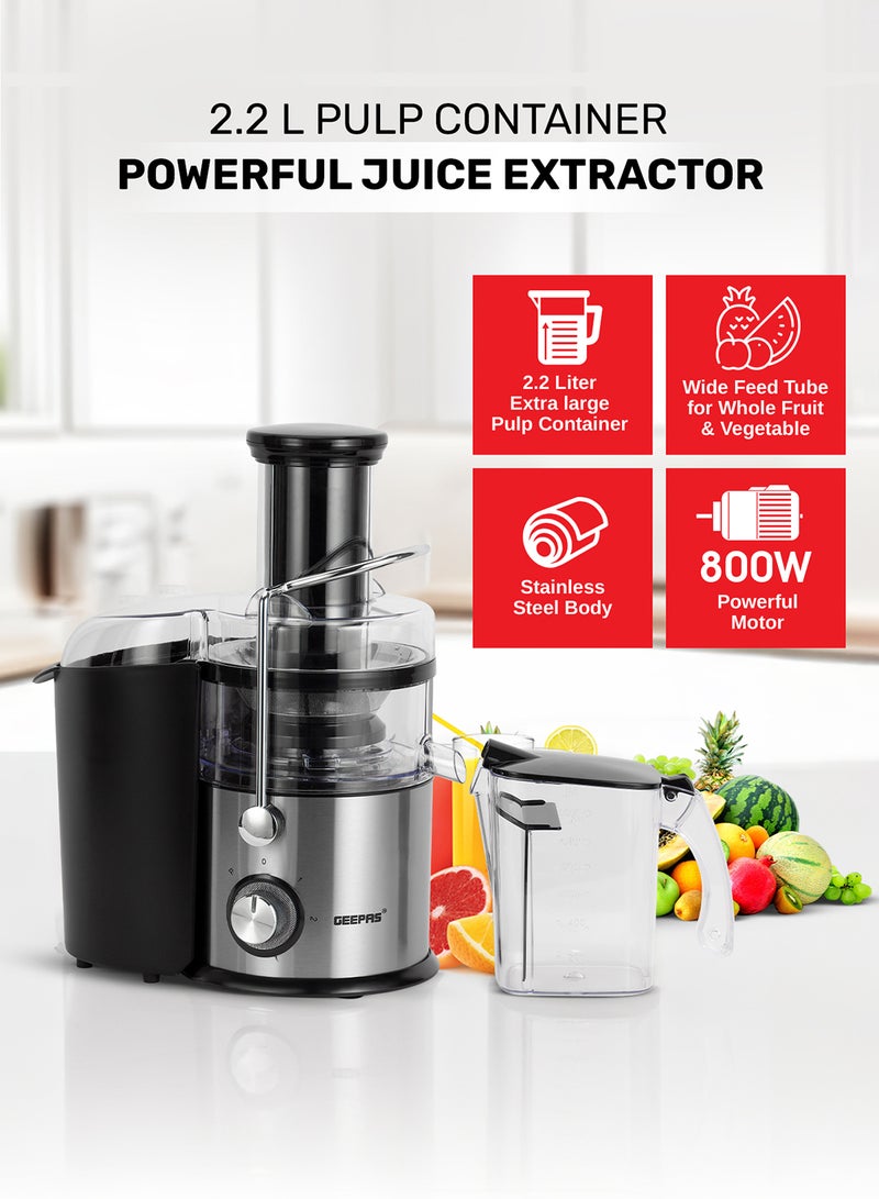 GEEPAS Centrifugal Juicer 2.2 L 800W |Pulp Container Machine Juice Extractor With 75MM Wide Mouth | 2 Speed, Stainless Steel Body, Non-Slip Feet 1.6 L 800 W GJE5437 Red/Black/Clear - Image 1