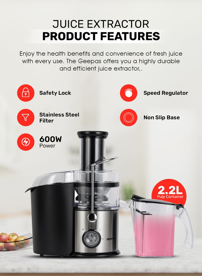 GEEPAS Centrifugal Juicer 2.2 L 800W |Pulp Container Machine Juice Extractor With 75MM Wide Mouth | 2 Speed, Stainless Steel Body, Non-Slip Feet 1.6 L 800 W GJE5437 Red/Black/Clear - Image 2