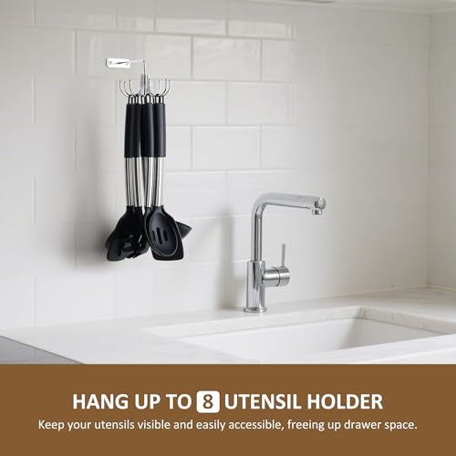 ZEDODIER Kitchen Cooking Utensil Holder 360 Rotating Kitchen Hooks for Hanging Utensils Heavy Duty Metal Utensil Rack with 8 Storage Capacity for Utensil Towel Pot Glove Aprons Silver - Image 3