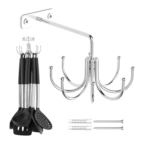 ZEDODIER Kitchen Cooking Utensil Holder 360 Rotating Kitchen Hooks for Hanging Utensils Heavy Duty Metal Utensil Rack with 8 Storage Capacity for Utensil Towel Pot Glove Aprons Silver - Image 1