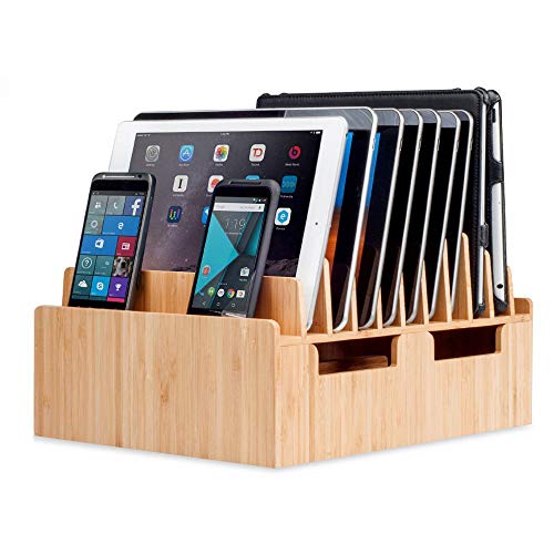 MobileVision Bamboo 10-Port Charging Station & Docking Organizer for Smartphones & Tablets, Family-Sized, for use in Corporate Offices & Classrooms - Image 1