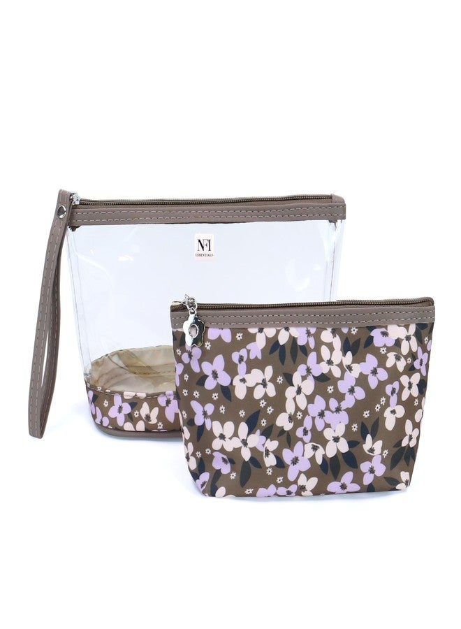 NFI essentials Set of 2 Flower Print Cosmetic Pouch Makeup Pouch Travel Organizer Toiletry Bag for Women Zippered Pouch Set with Handle, Large & Medium - Image 1